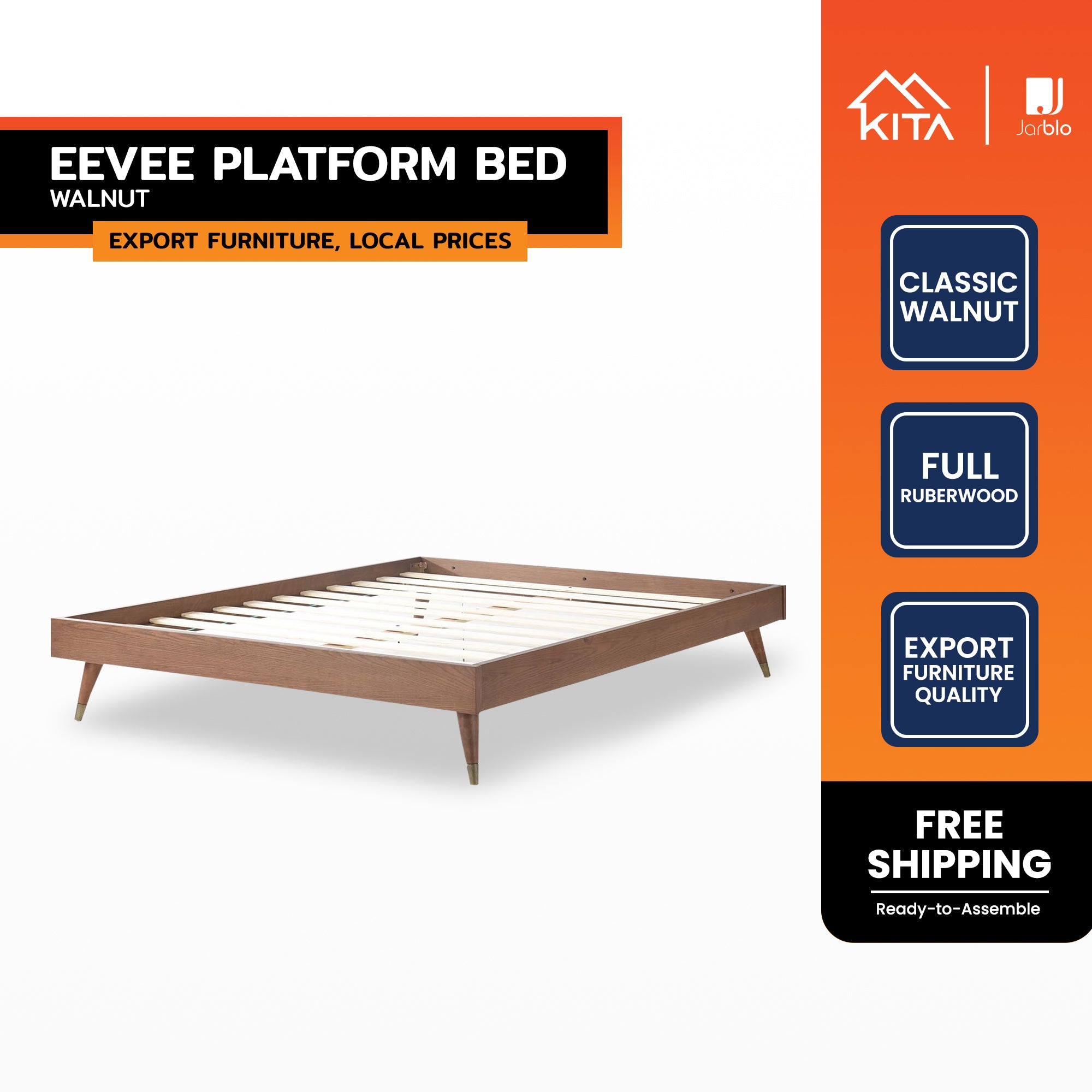 KITA EEVEE Platform Bed, Solid Rubberwood